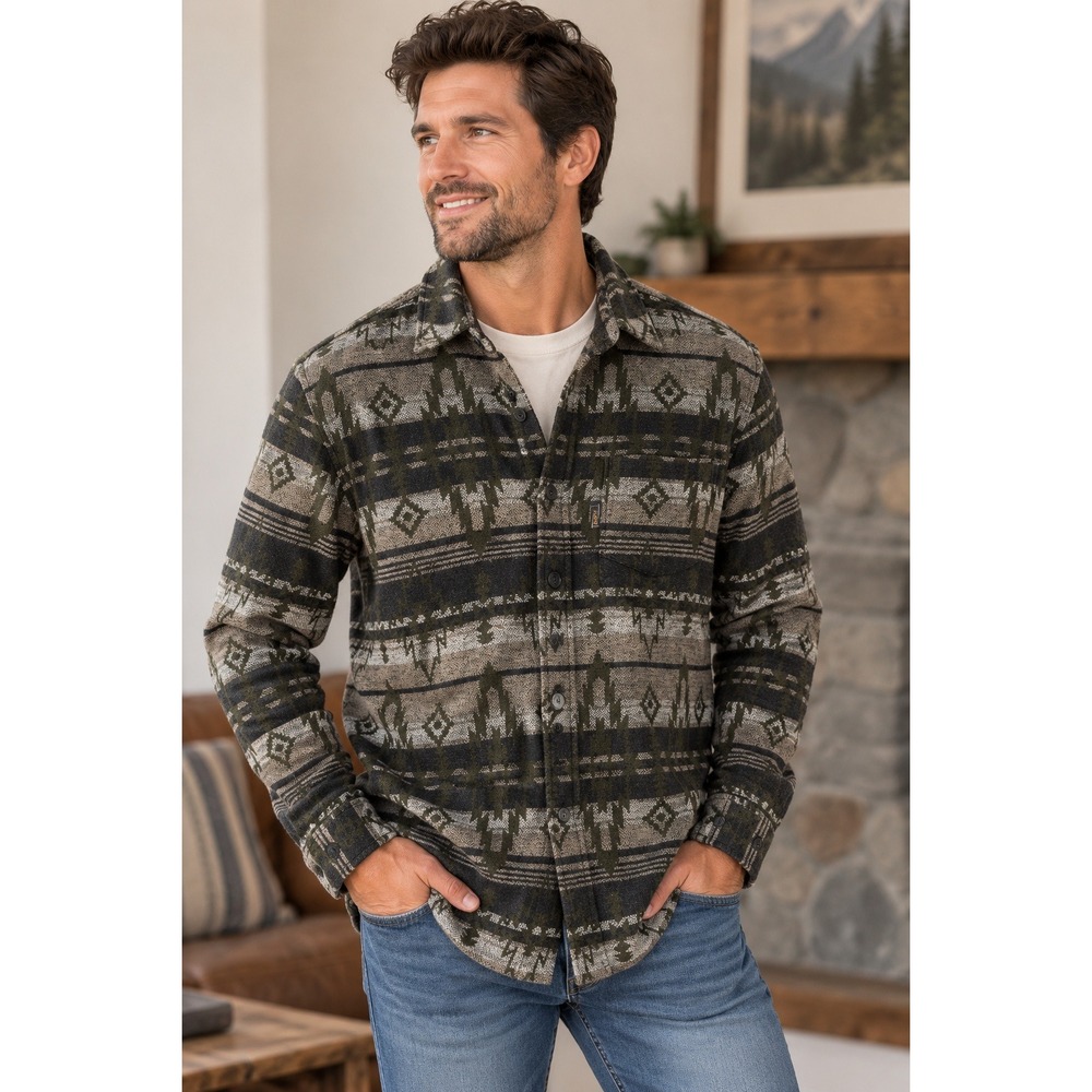 Frontier Threads Weatherproof Shirt Men M Southwestern Aztec Flannel Olive Green